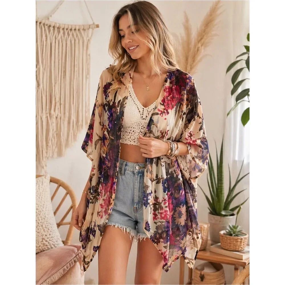 Woven Heart Floral Tan Kimono One Size